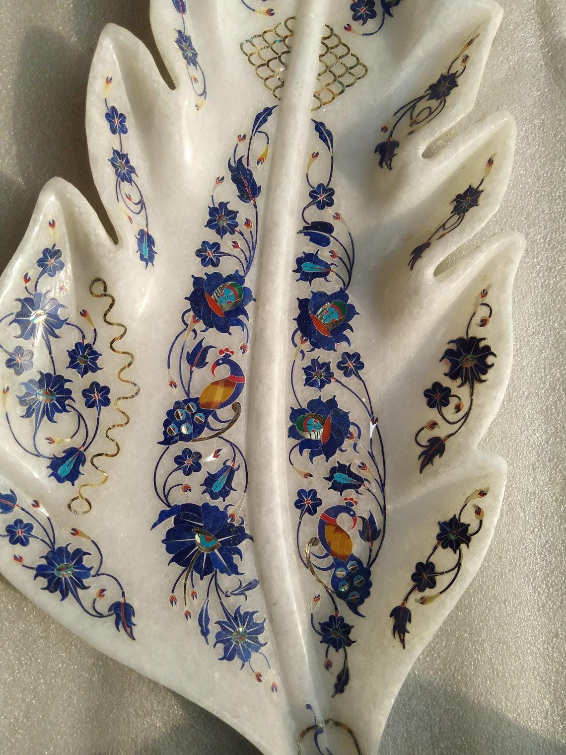 14インチ大理石フルーツボウル、リーフデザインボウル、ピエトラデュラ