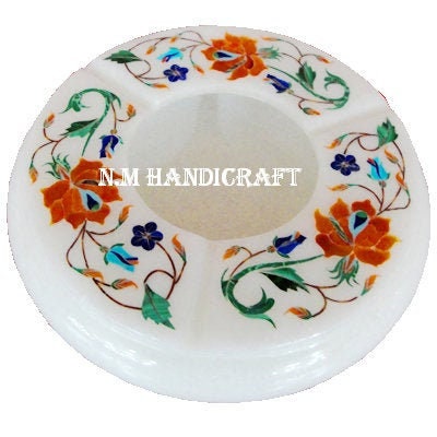 Decorative White Marble Inlay Ashtray, Semi Precious Stones Inlaid , Floral Design , Antique Look For Smoking, Home Decor