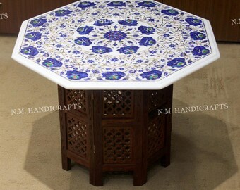 24" Marble Table Top Lapis Lazuli Floral Inlay With Wooden Pedestal, Pietra Dura Craft Work, White Marble With Semi Precious Gemstones Table