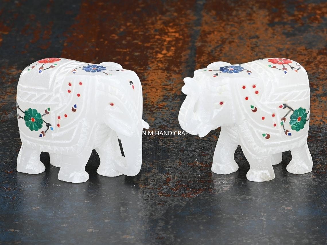 2 Pics Marble Inlay Elephant Set, Pietra Dura Art, Baby Gift, Home Decor, Table Decor
