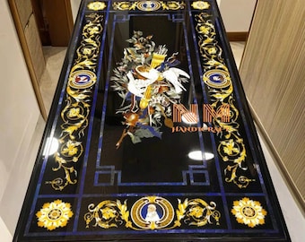 Luxury Pietra Dura Black Marble Dining Table Top, Inlaid Semi Precious Stones Conference Table, Handcrafted Italian Style Florentine Art