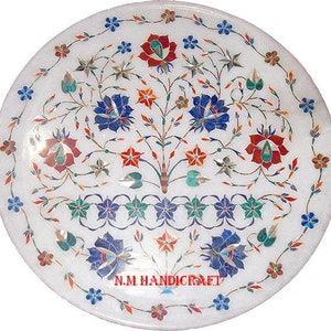 12&quot; Marble Marquetry Gems Inlay Plate, Flowers, Pietra Dura Art, Serving Plate, Marble Serveware, Gift, Kitchen Decor, Home Decor