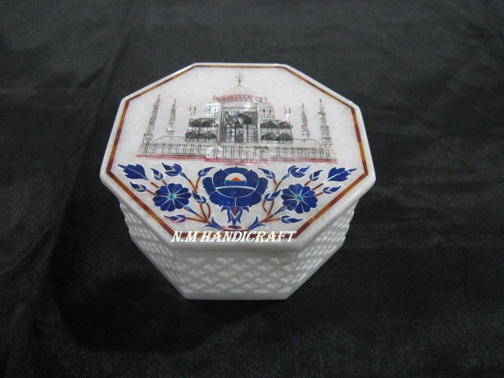Taj Mahal On White Marble Jewellery Box, Lapis Lazuli & Mop Inlaid, Trinket Box, Unique Gift For Her, Handcrafted Jewel Box, Multi Use Box