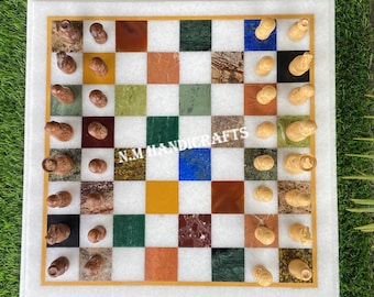 Marble Chess Set With Multi Color Chess Squares, Tournament Chess Board, white Chess table, Mosaic Marquetry Art, Chess table, Stone Chess
