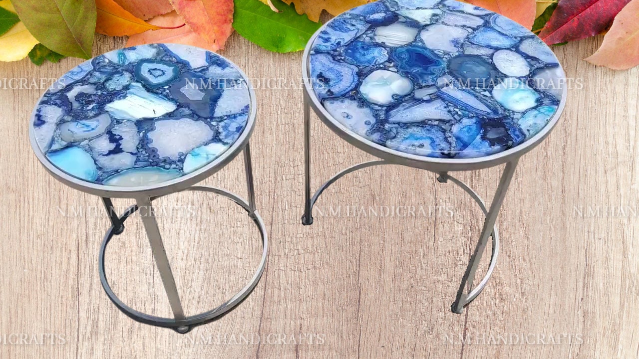 Blue Agate Nesting Coffee Table Top, Blue Stone Table, Agate Coffee