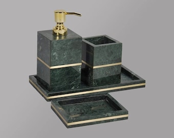 Natural Stone Bathroom Accessory Set, Marble Bathroom Set, Soap Dispenser,Soap Dish, Tooth brush Holder, Set of 4, Brass Inlay,seifenspender