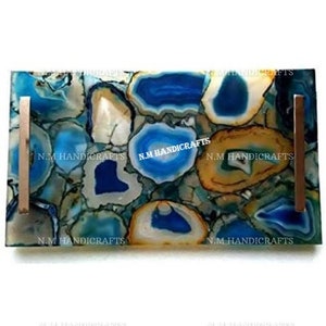 Blue Agate Serving Tray With Gold Handles, Agate Stones Marquetry, Kitchen Accessory, Home Decor, Office Decor