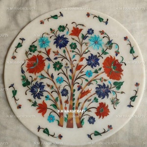 10&quot; Marble Marquetry Gems Inlay Plate, Flowers, Pietra Dura Art, Serving Plate, Marble Serveware, Plate, Gift, Kitchen Decor, Home Decor