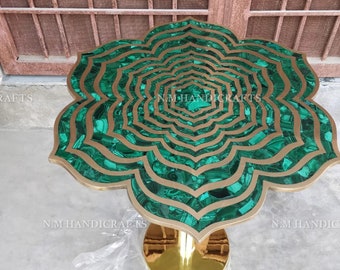 Malachite Coffee Table With Gold Stand, Malachite Stone Side Table Top, Natural Gemstone Table, Centre Table, End Table, Flower Shaped Table