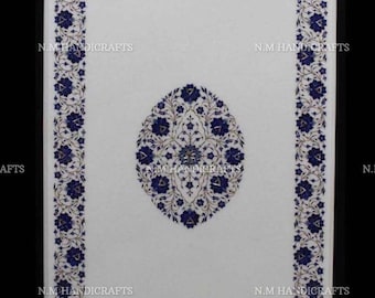 White Marble Inlay Dining Table, Lapis Lazuli Inlay, Floral Inlay, Center Table, Hallway Table, Coffee Table, Pietra Dura Table,Garden Table