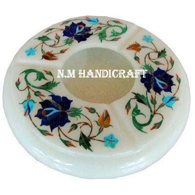 Decorative White Marble Inlay Ashtray, Semi Precious Stones Inlaid , Floral Design , Antique Look For Smoking, Home Decor