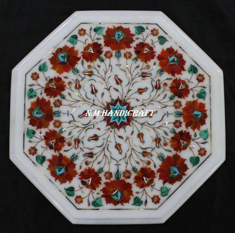 15" Mid Centuary Marble Table Top, Inlaid Carnelian Stone, Floral Handmade Art, Mosaic Pietra Dura Art, coffee/end/side/dinning table top