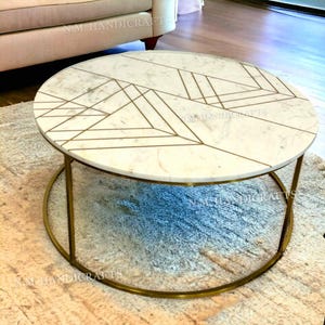 Marble Coffee Table With Brass Inlay, Marble Center Table, Rooftop Table, Marble Living Room Table, Restaurant Coffee Table, Side Table