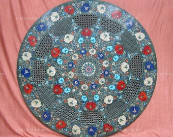 Green Marble Inlay Coffee Table, Gems Stone Inlaid, Marble Table, Centre Table Top, Mosaic Marquetry Art, Dining Table Top, Stone Art