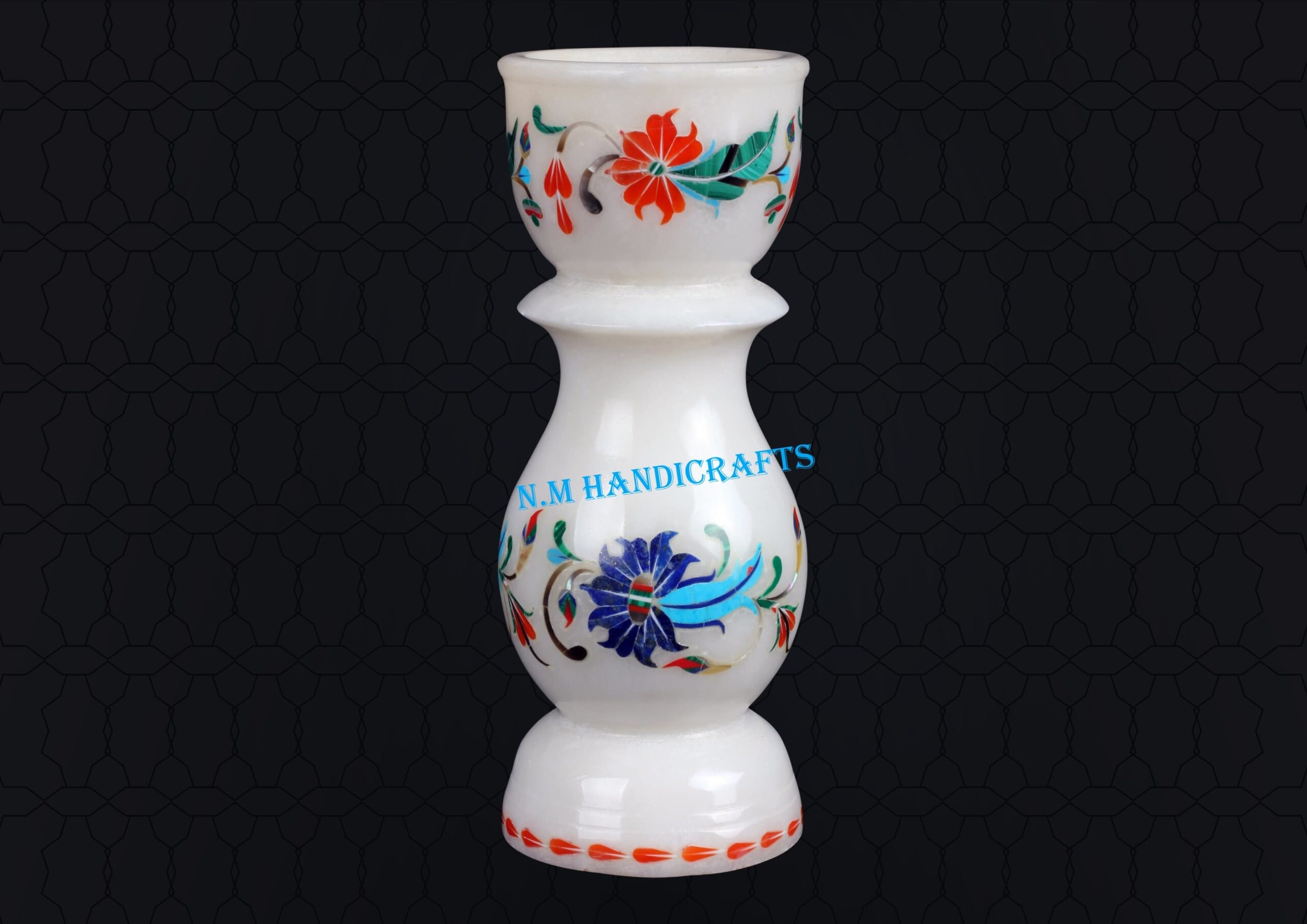 Decorative White Marble Inlay Candle holder, Semi Precious Stones Inlaid, Home and Office Decor, Floral Design, Pietra Dura Art