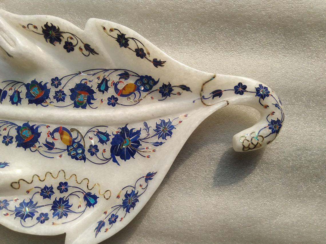 14インチ大理石フルーツボウル、リーフデザインボウル、ピエトラデュラ