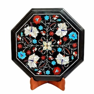 Black Marble Table Top, Marble Inlay Side Table, Pietra Dura Table Top, Floral Center Table, Handmade Table, Garden Table, Mosaic Art
