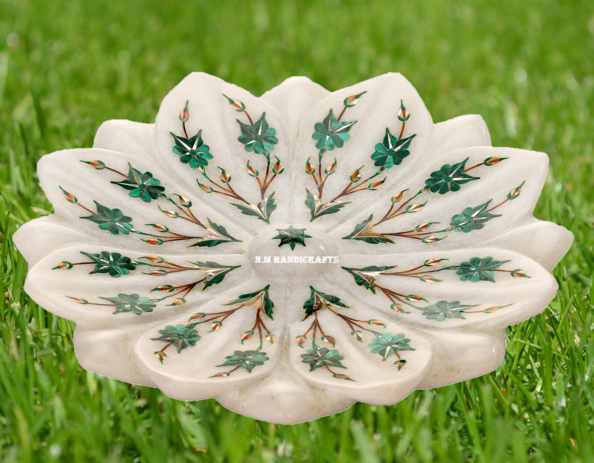 White Marble Fruit Bowl, Malachite Stone Inlaid, Marble Snack Bowl, Marble Serve ware, Marble Flower Bowl, Antics, Fruit Bowl,Christmas Gift
