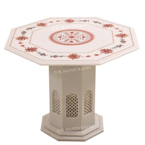 White Marble Coffee Table Carnelian Gemstone Inlaid, Handmade Pietra Dura Table For Home Decor, Floral & Marquetry Art, Living Room Table