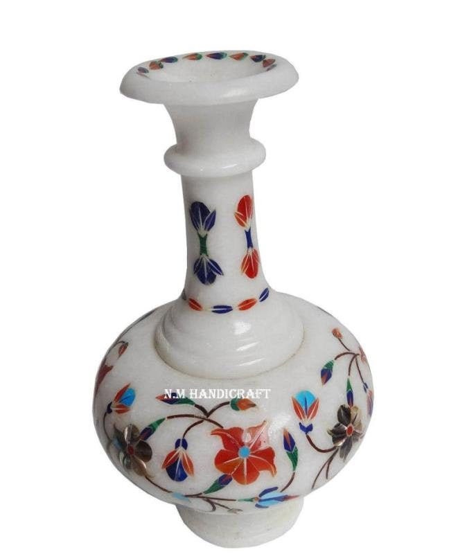 10 " Tall Marble Inlay Flower Vase, Semi Precious Stones Inlaid, Table Vases, Home & Office Decor, Memorable Inlay Art Piece