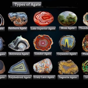 May include: An image showcasing various types of agate gemstones, including Onyx, Fairburn, Lake Superior, Moss, and Thunder-egg agates. Each stone displays unique patterns and colors, such as the black and white bands of Onyx and the red and white swirls of Lake Superior agate. The image is labeled "Types of Agate".