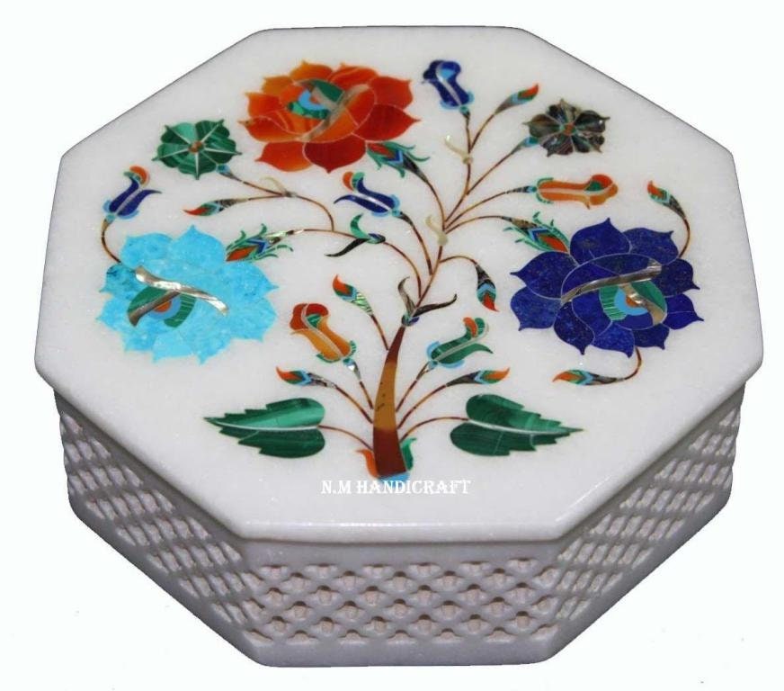 Floral White Marble Inlay Jewellery Box, Semi Precious Stones Inlaid, Trinket Box, Unique Gift For Her, Handcrafted Jewel Box, Multi Use Box