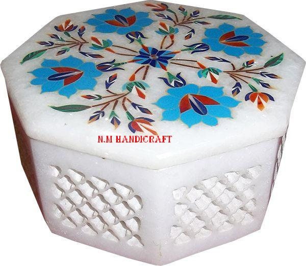 Decorative White Marble Inlay Jewelry Box, Semi Precious Stones Inlaid, Trinket Box, Unique Gift For Her, Handcrafted Box, Multi Use Box