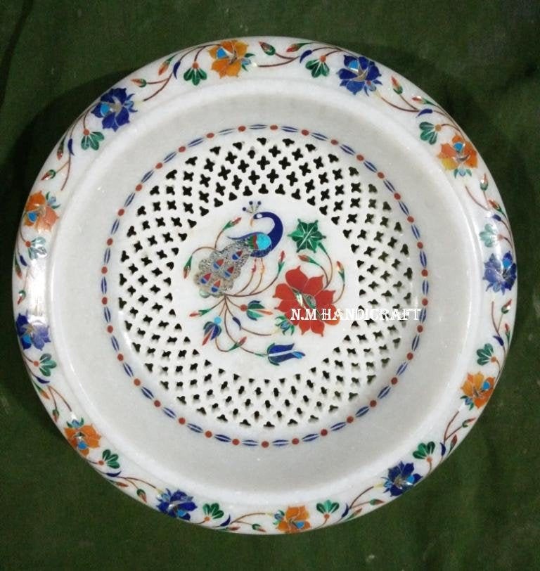 10 " White Marble Fruit , Inlaid Peacock And Floral With Semi Precious Stone, Marble Serveware, Home Decorative, Pietra Dura Art