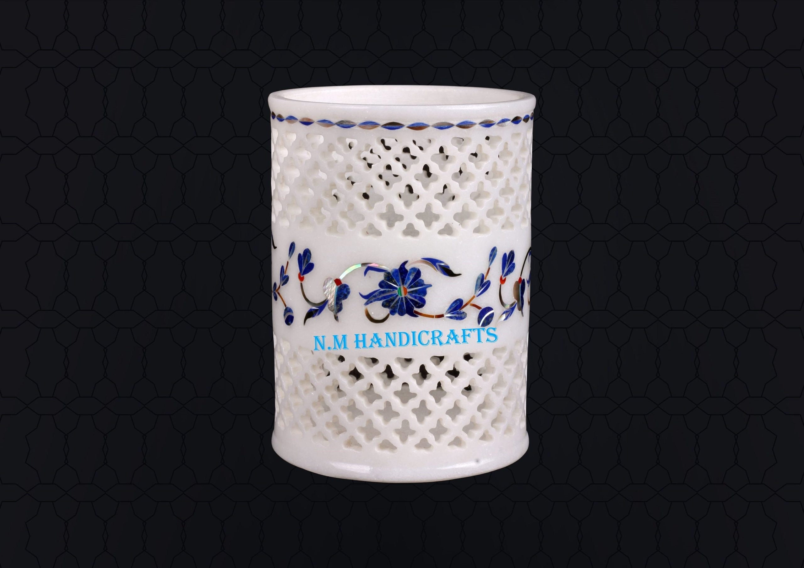 Decorative White Marble Inlay Lamp, Candle holder, Flower & Utencil Holder, Home and Office Decor, Floral Design, Pietra Dura Art