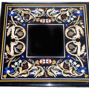 Black Marble Center Table Top, Marble Inlay Side Table, Pietra Dura Table Top, Floral Center Table, Handmade Table, Garden Table, Mosaic Art