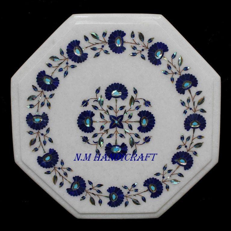 12″ Floral Design Marble Table Top, Lapis Lazuli Inlaid, Pietra Dura, Gem Stones, Mosaic Marquetry Art, coffee/end/side/dinning table top