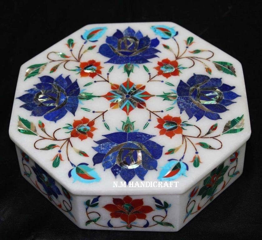 Floral White Marble Inlay Jewellery Box, Semi Precious Stones Inlaid, Trinket Box, Unique Gift For Her, Handcrafted Jewel Box, Multi Use Box