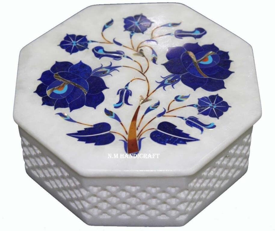 Decorative White Marble Inlay Jewellery Box, Lapis Lazuli Inlaid, Trinket Box, Unique Gift For Her, Handcrafted Jewel Box, Multi Use Box