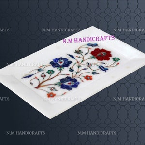 White Marble Inlay Tray, Semi Precious Stones Inlaid, Floral Marquetry, Pietra Dura Art, Serving Tray, Gift, Kitchen Decor, Home Decor