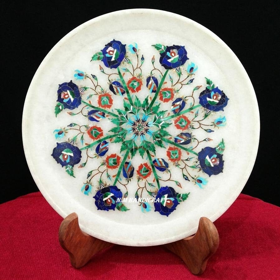 Decorative Marble Marquetry Gems Inlay Plate, Flowers, Pietra Dura Art, Serving Plate, Marble Serveware, Gift, Kitchen Decor, Home Decor