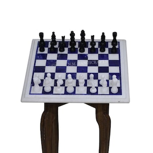 Marble Chess Set, Blue Lapis Lazuli Chess Board, Pietra Dura Art, Mosaic Marquetry Art, Chess table, Blue & White Stone Chess Board Set