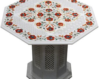 Marble Coffee Table, Carnelian Gems Stones Inlaid, Floral Table Top, Marble Side Table, Center Table, Stone Table Top, Lattice Work Table