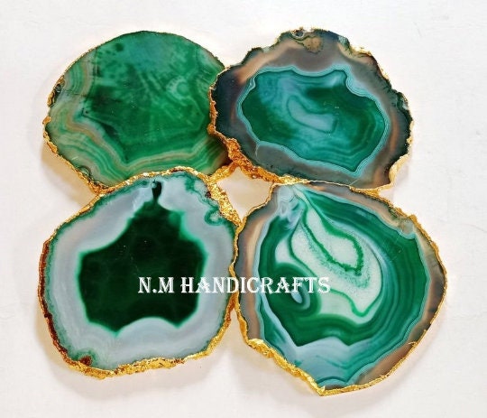 New Green Agate Coasters Set of 4 Gold or Silver Electroplated, Handmade Coaster, Table Coaster, Home Decor