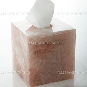 Caja de pañuelos de cuarzo rosa, servilletero de cuarzo rosa, porta pañuelos de cuarzo rosa, porta rollos de papel, caja de pañuelos hecha a mano con piedra,