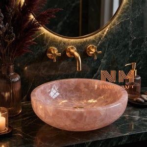 Handcrafted Rose Quartz Vessel Sink, Luxury Pink Agate Stone Bathroom Basin, Crystal Healing Wash Basin, Custom Gemstone Countertop Vanity
