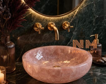 Handcrafted Rose Quartz Vessel Sink, Luxury Pink Agate Stone Bathroom Basin, Crystal Healing Wash Basin, Custom Gemstone Countertop Vanity