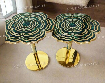 Malachite Flower Accent Brass Table, Malachite Gemstone Side Table, Malachite Furniture, Malachite Decor