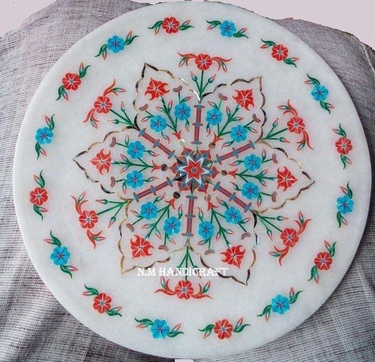 10" Marble Marquetry Gems Inlay Plate, Flowers, Pietra Dura Art, Serving Plate, Marble Serveware, Plate, Gift, Kitchen Decor, Home Decor
