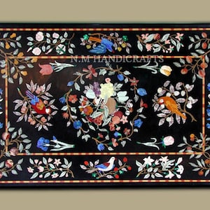 Black Stone Coffee Table Top, Marble Counter Top, Floral Inlay, Pietra Dura Art, Dining Table, Center Table, Hallway Table, Garden Table