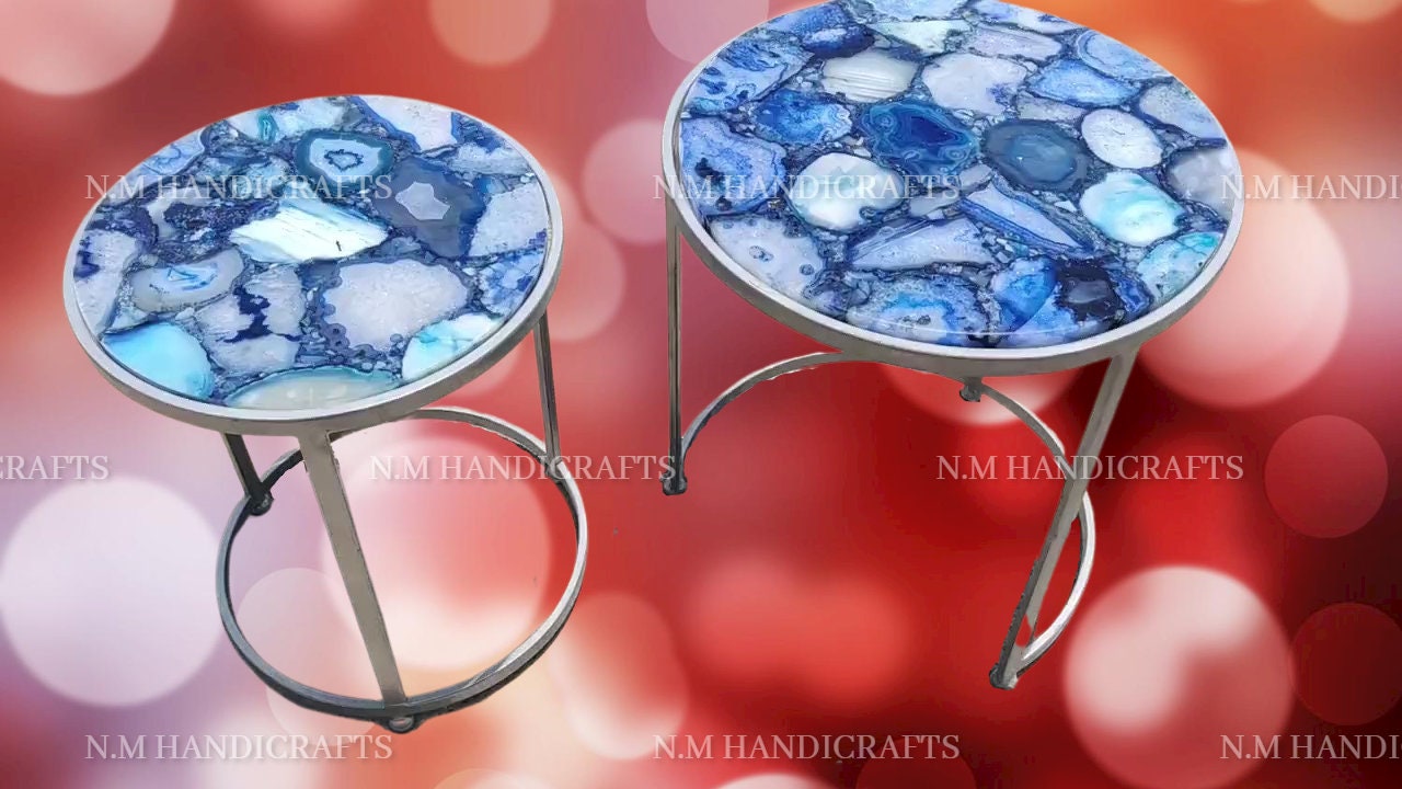 Blue Agate Nesting Coffee Table Top, Blue Stone Table, Agate Coffee