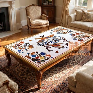Auténtica mesa de mármol con incrustaciones de arte mogol, tablero de comedor Pietra Dura hecho a mano, exquisita obra maestra con incrustaciones de piedra floral y de pavo real.