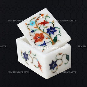 Floral White Marble Inlay Jewellery Box, Semi Precious Stones Inlaid, Trinket Box, Unique Gift For Her, Handcrafted Jewel Box, Multi Use Box