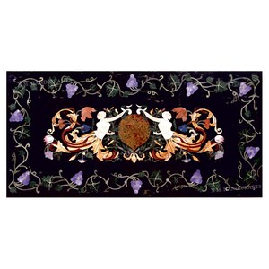 Roman Black Marble Dining Table Top Semi Precious Gemstones Floral Inlay Art Work Pietra Dura Marble Table Top For Home Decor Garden Table