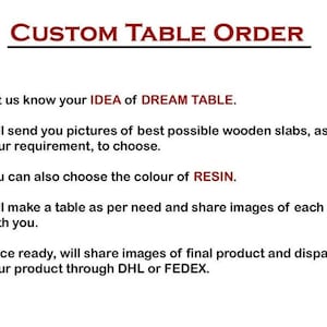 May include: A white informational graphic titled CUSTOM TABLE ORDER with five numbered steps outlining the process for ordering a custom wooden table, including selecting wooden slabs and resin colors, with text in black and red.