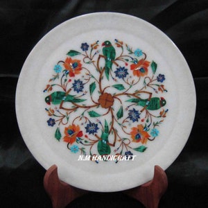 8&quot; Marble Marquetry Gems Inlay Plate, Flowers, Pietra Dura Art, Serving Plate, Marble Serveware, Gift, Kitchen Decor, Home Decor